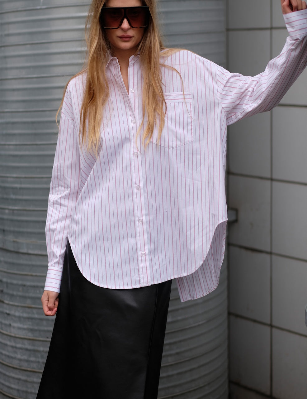 Ray Oversized Shirt red/white thin stripes