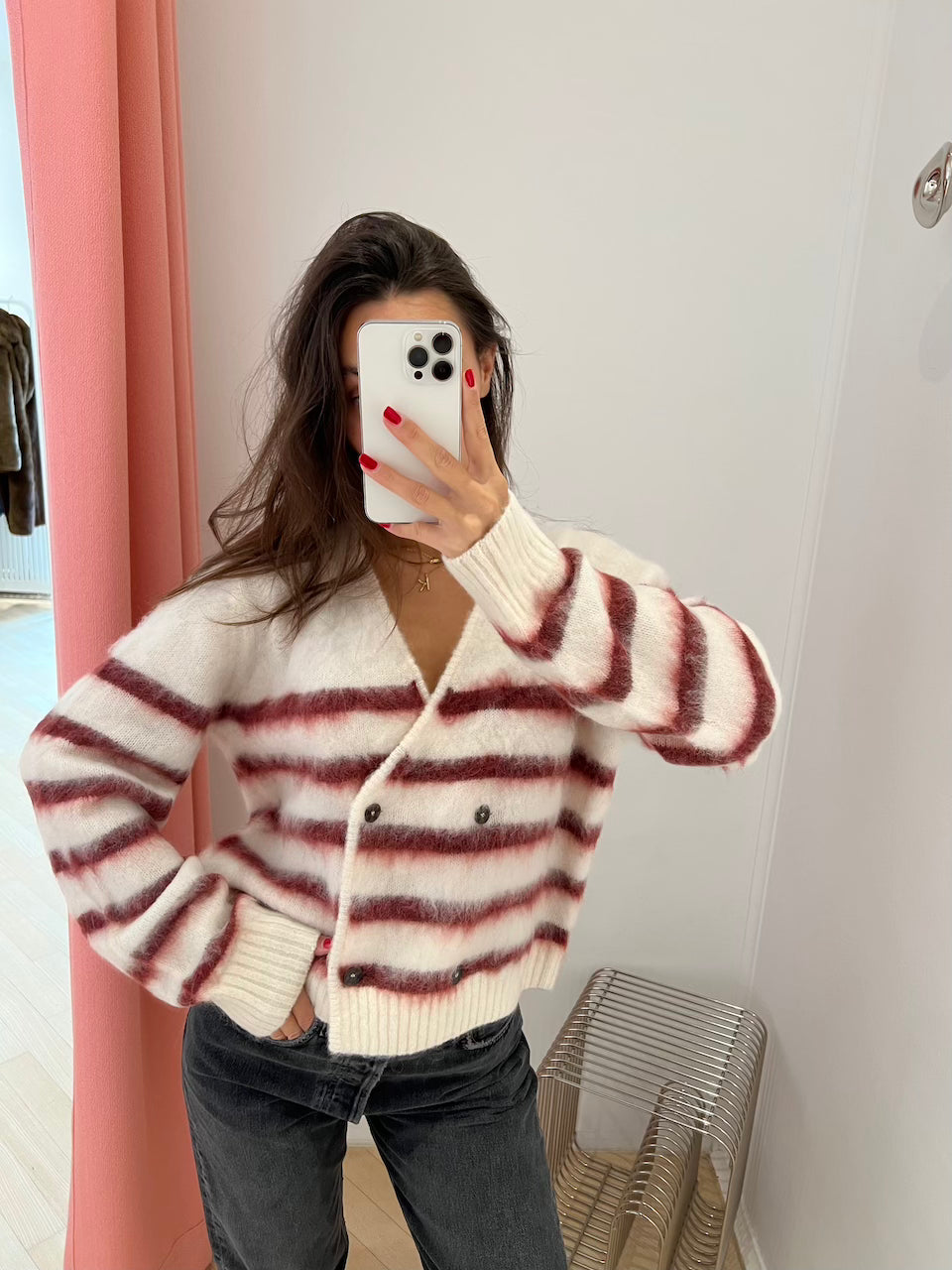 Verona Brushed Jacket cream/burgundy stripe