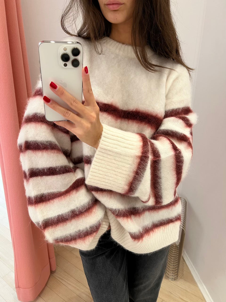 Verona Brushed Stripe Sweater cream/burgundy stripe