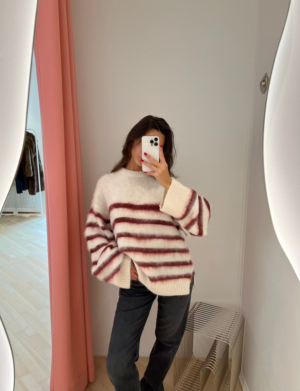 Verona Brushed Stripe Sweater cream/burgundy stripe