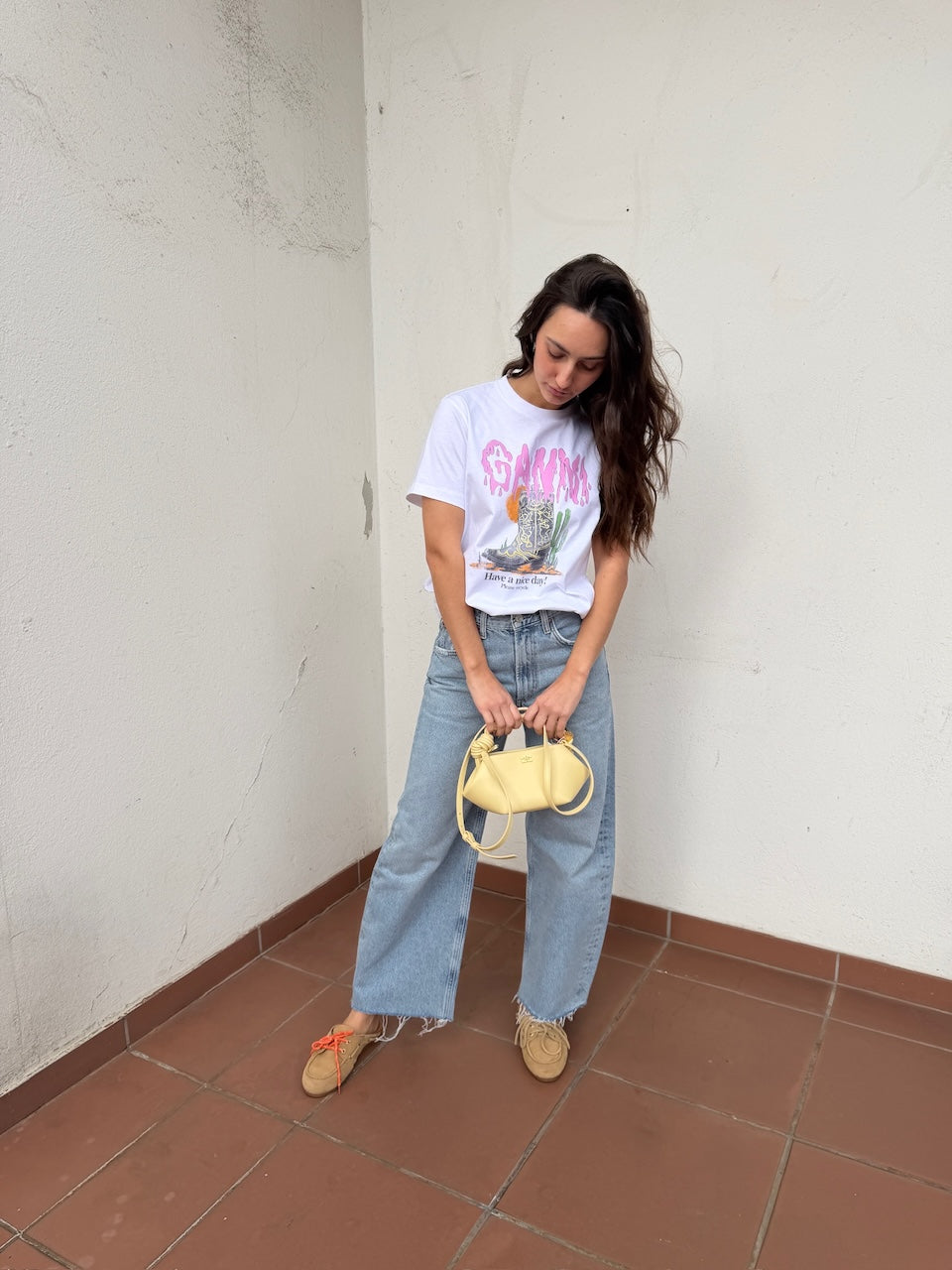 Basic Cotton Jersey T-shirt Boots Print bright white