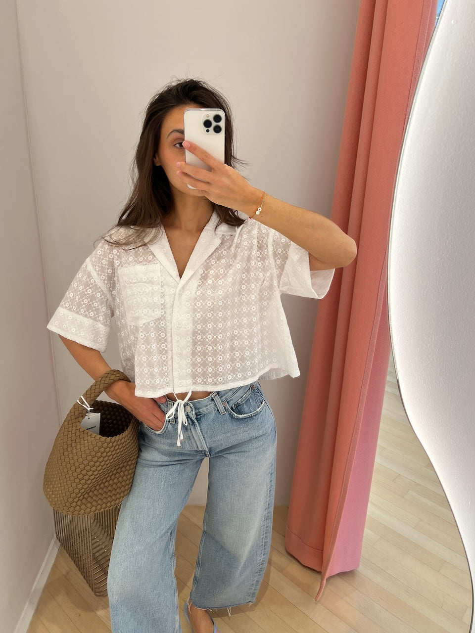 Broderie Anglaise Cropped Bowling Shirt bright white