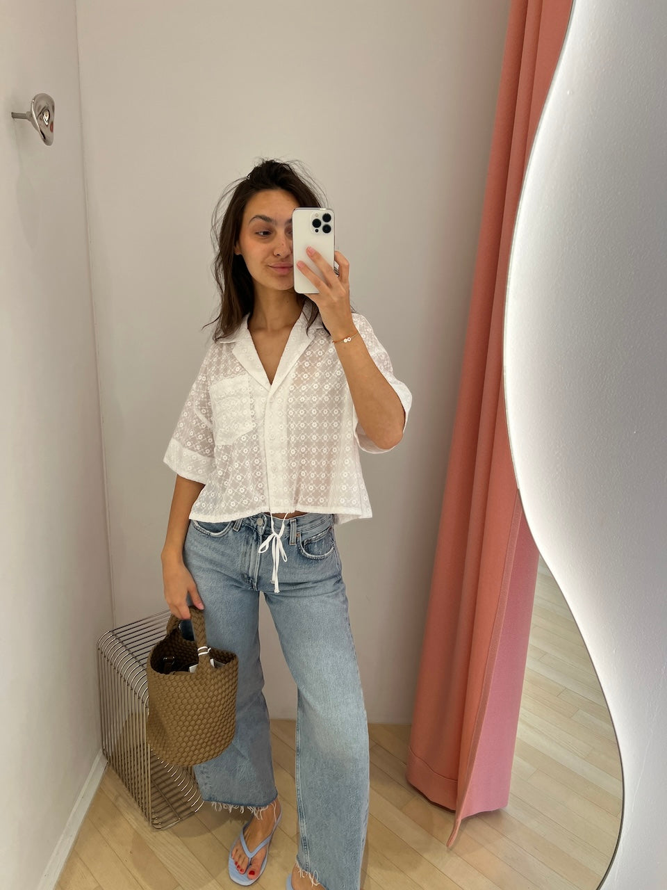 Broderie Anglaise Cropped Bowling Shirt bright white