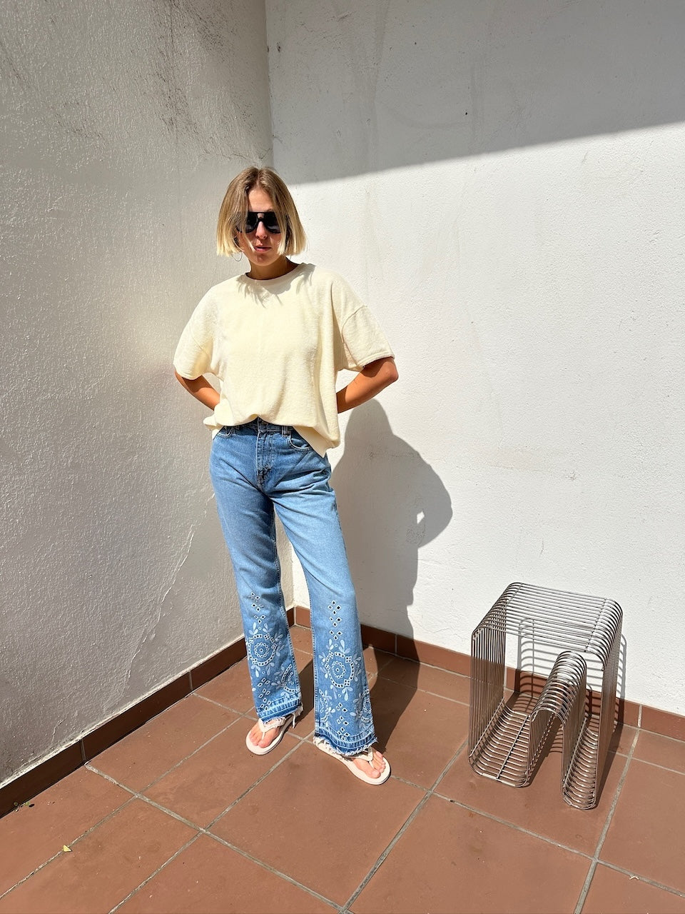 Broderie Anglaise Denim Betzy Cropped Jeans light blue stone