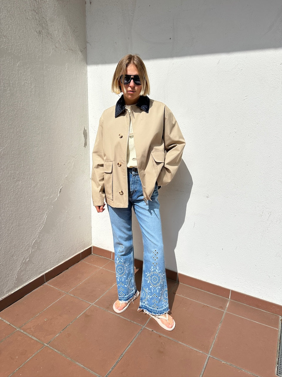 Broderie Anglaise Denim Betzy Cropped Jeans light blue stone