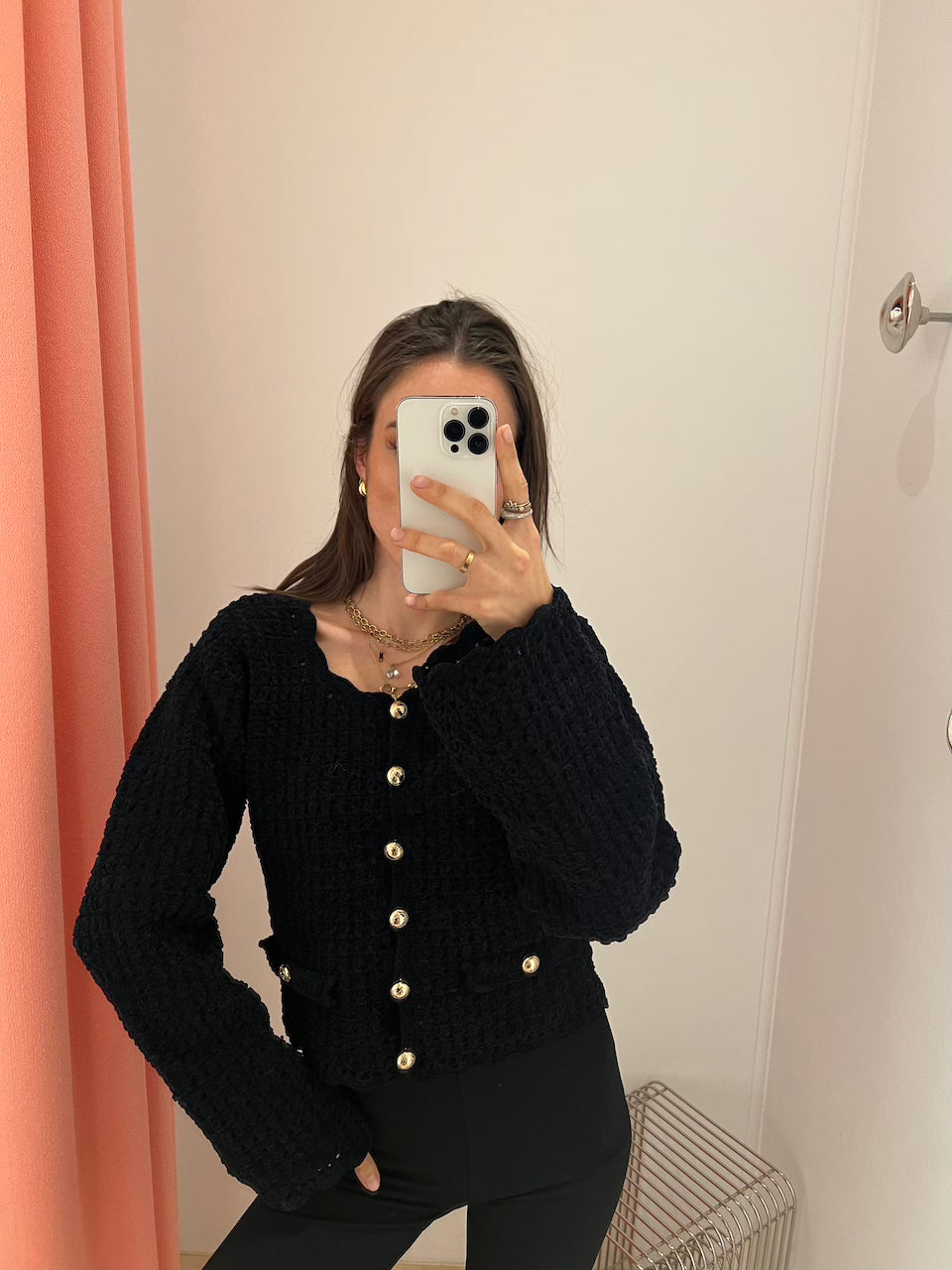 Cotton Chenille Crochet Cardigan black