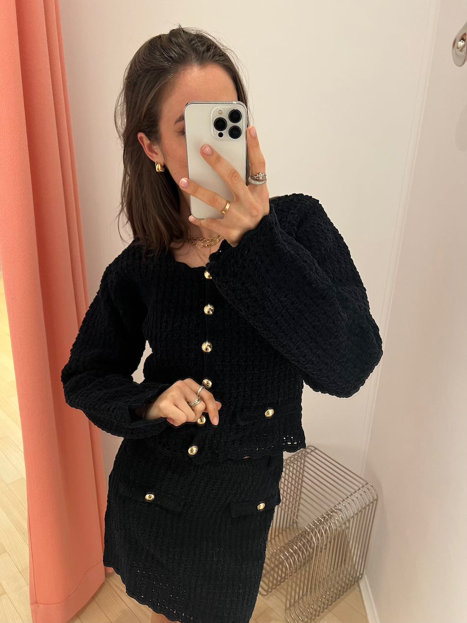 Cotton Chenille Crochet Cardigan black