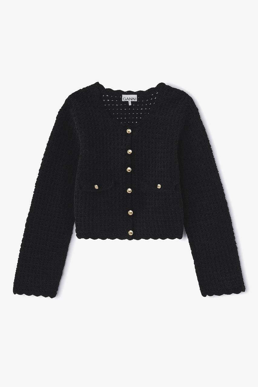 Cotton Chenille Crochet Cardigan black