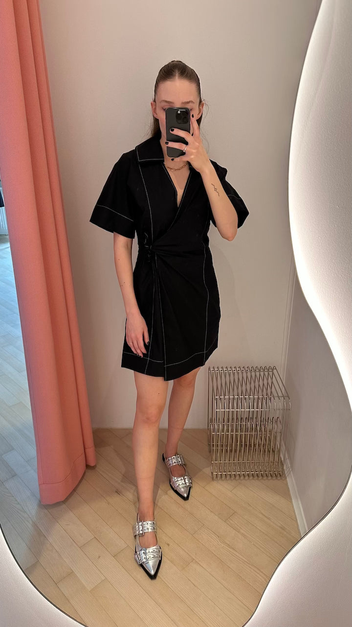 Cotton Poplin Wrap Mini Dress black