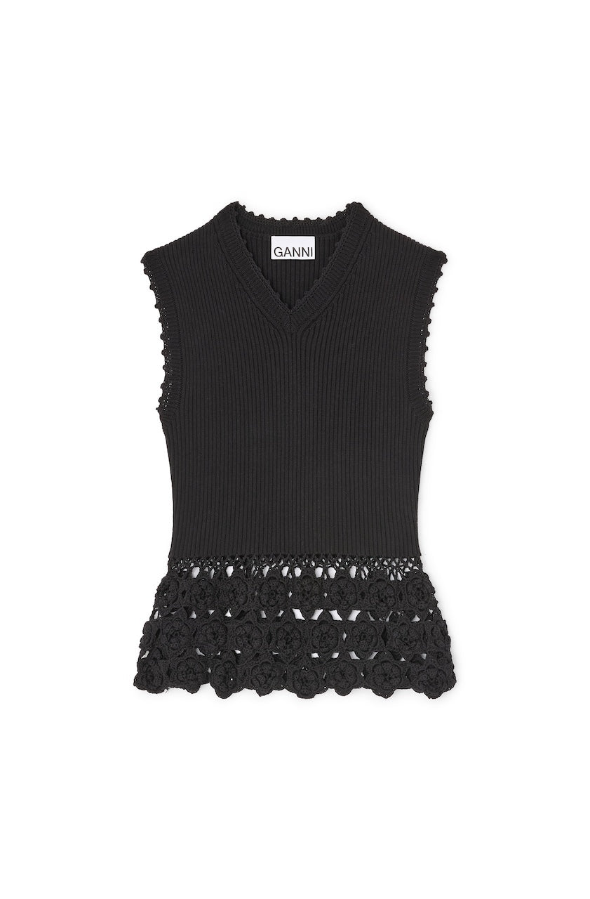 Fine Cotton Rib Crochet Vest black