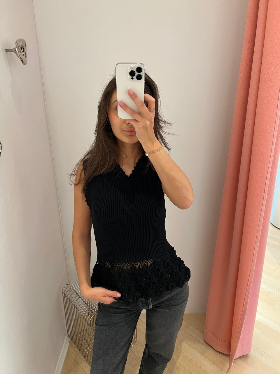 Fine Cotton Rib Crochet Vest black