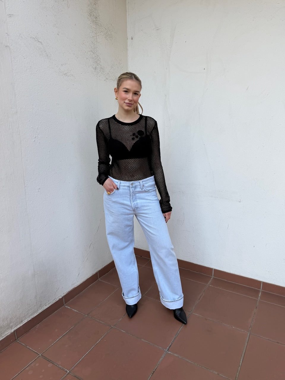 Mercerized Cotton Mesh Pointelle Longsleeve black