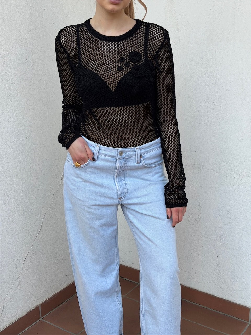 Mercerized Cotton Mesh Pointelle Longsleeve black
