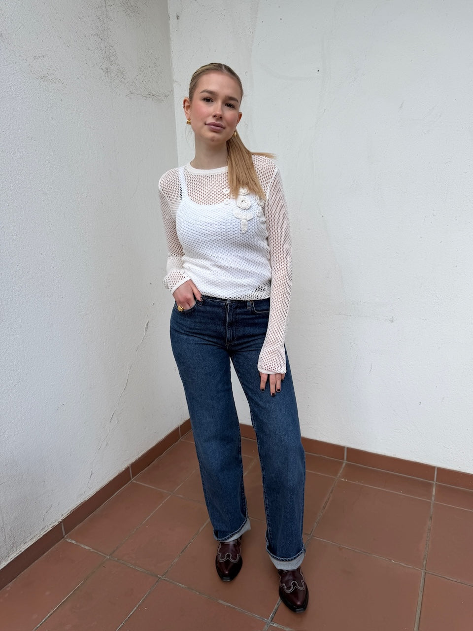 Mercerized Cotton Mesh Pointelle Longsleeve egret