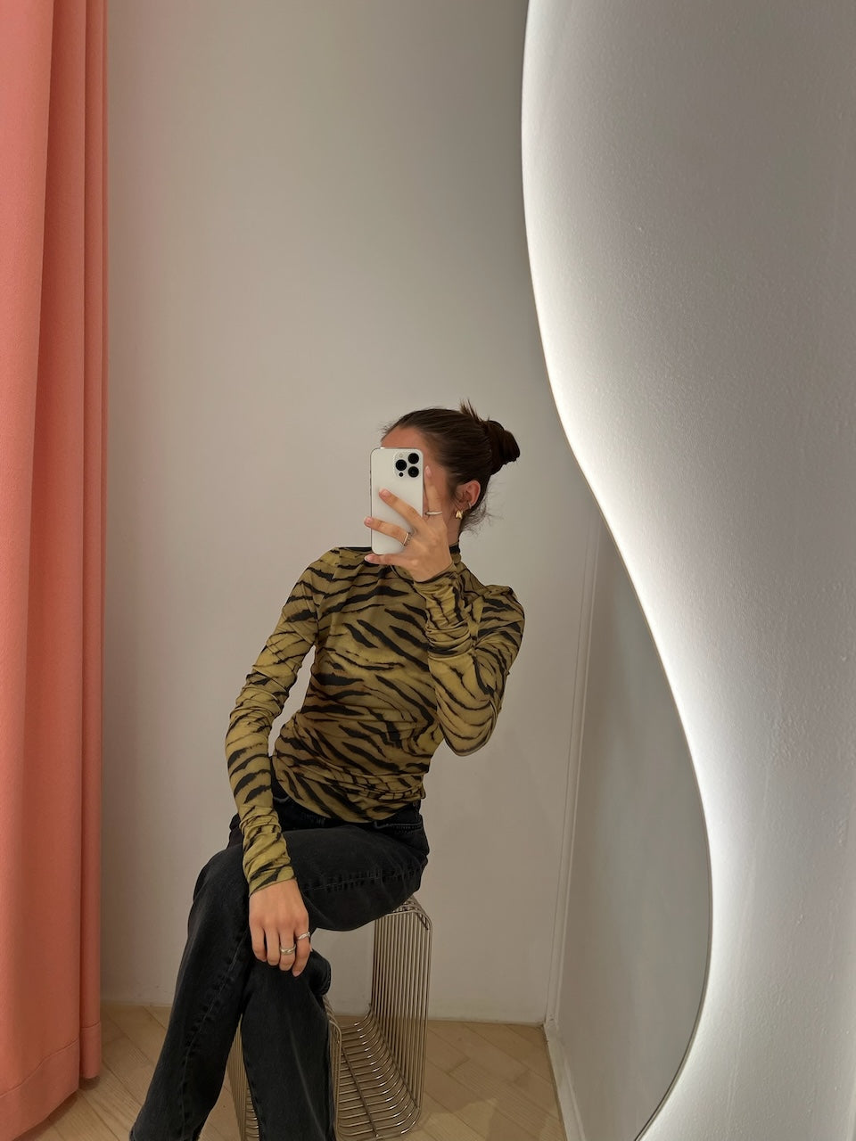 Printed Shiny Jersey Turtleneck khaki