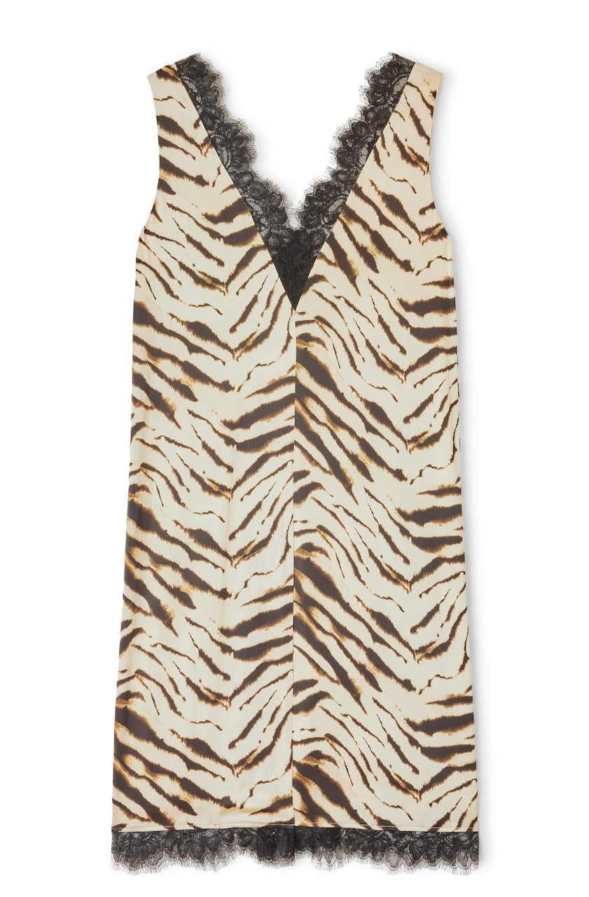 Printed Stretch Satin V-neck Midi Dress egret