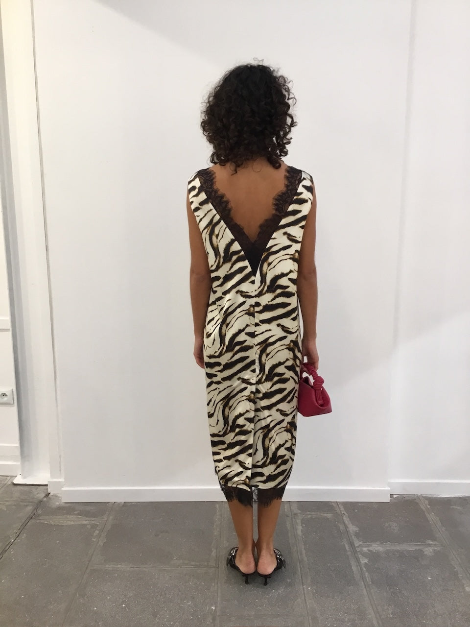 Printed Stretch Satin V-neck Midi Dress egret