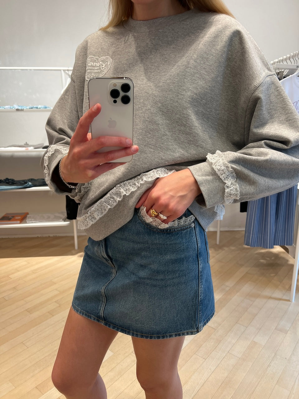 Rigid Denim Lace Mini Skirt dark blue vintage