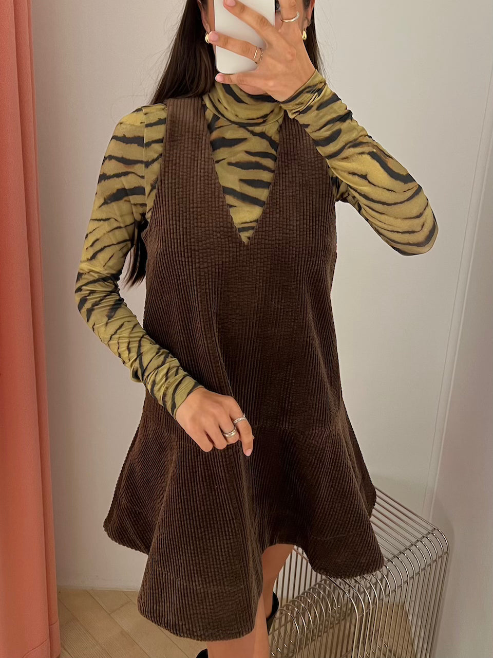 Seersucker Corduroy V-neck Mini Dress chicory coffee