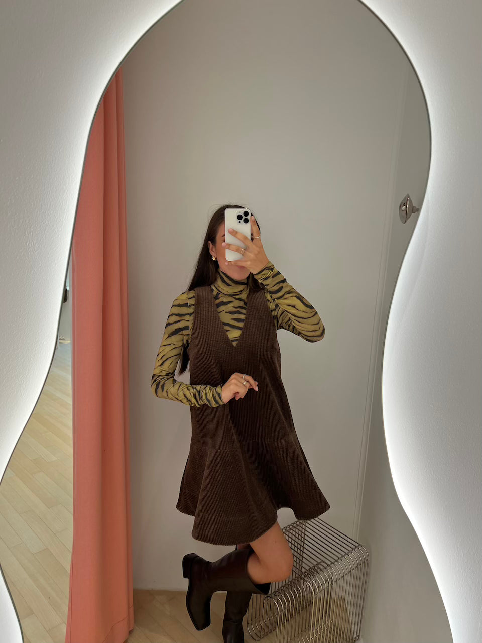 Corduroy V-neck Mini Dress chicory coffee