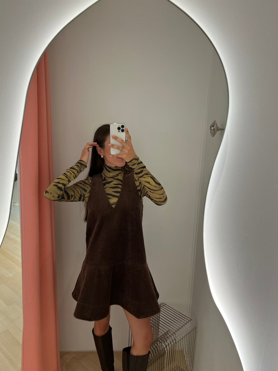 Corduroy V-neck Mini Dress chicory coffee