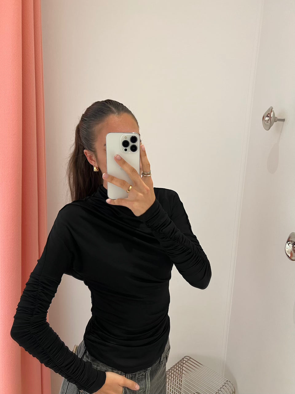 Shiny Jersey Ruched Top black