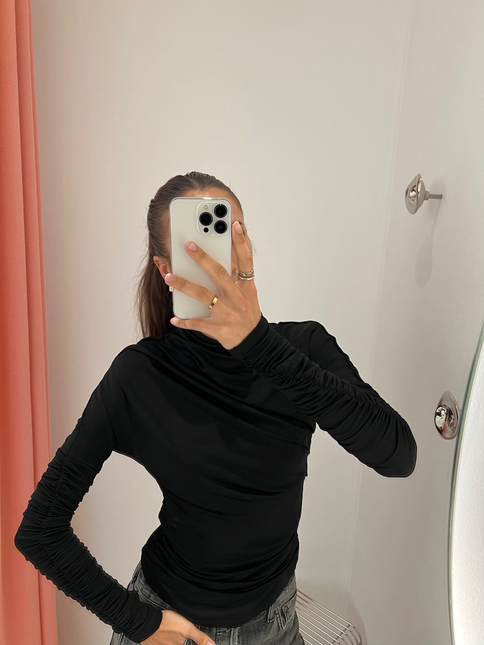 Shiny Jersey Ruched Top black