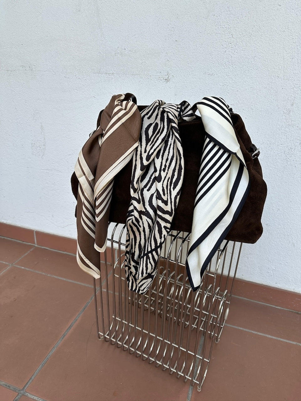 Striped Silk Scarf mocha mousse/cream 65cm