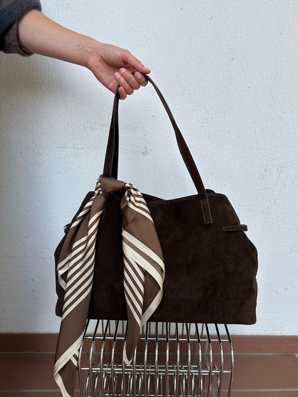 Striped Silk Scarf mocha mousse/cream 65cm