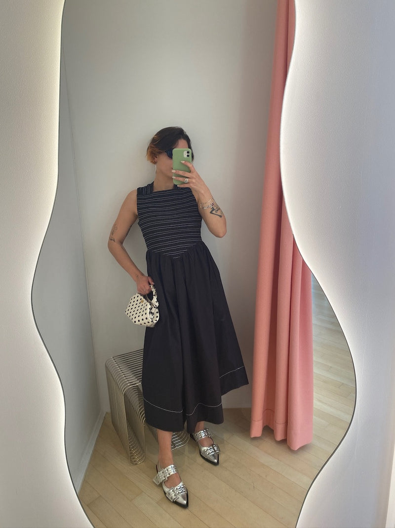 Washed Stretch Cotton Smock Midi Straps Dress black
