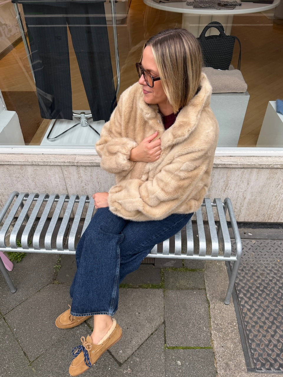 Iris Shaved Mink Bomber latte multi