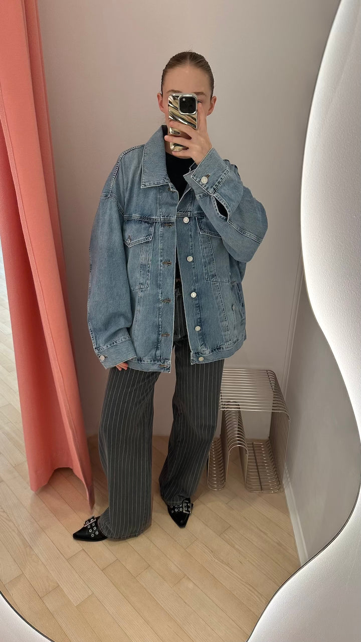 Nanny Pants grey pinstripe denim