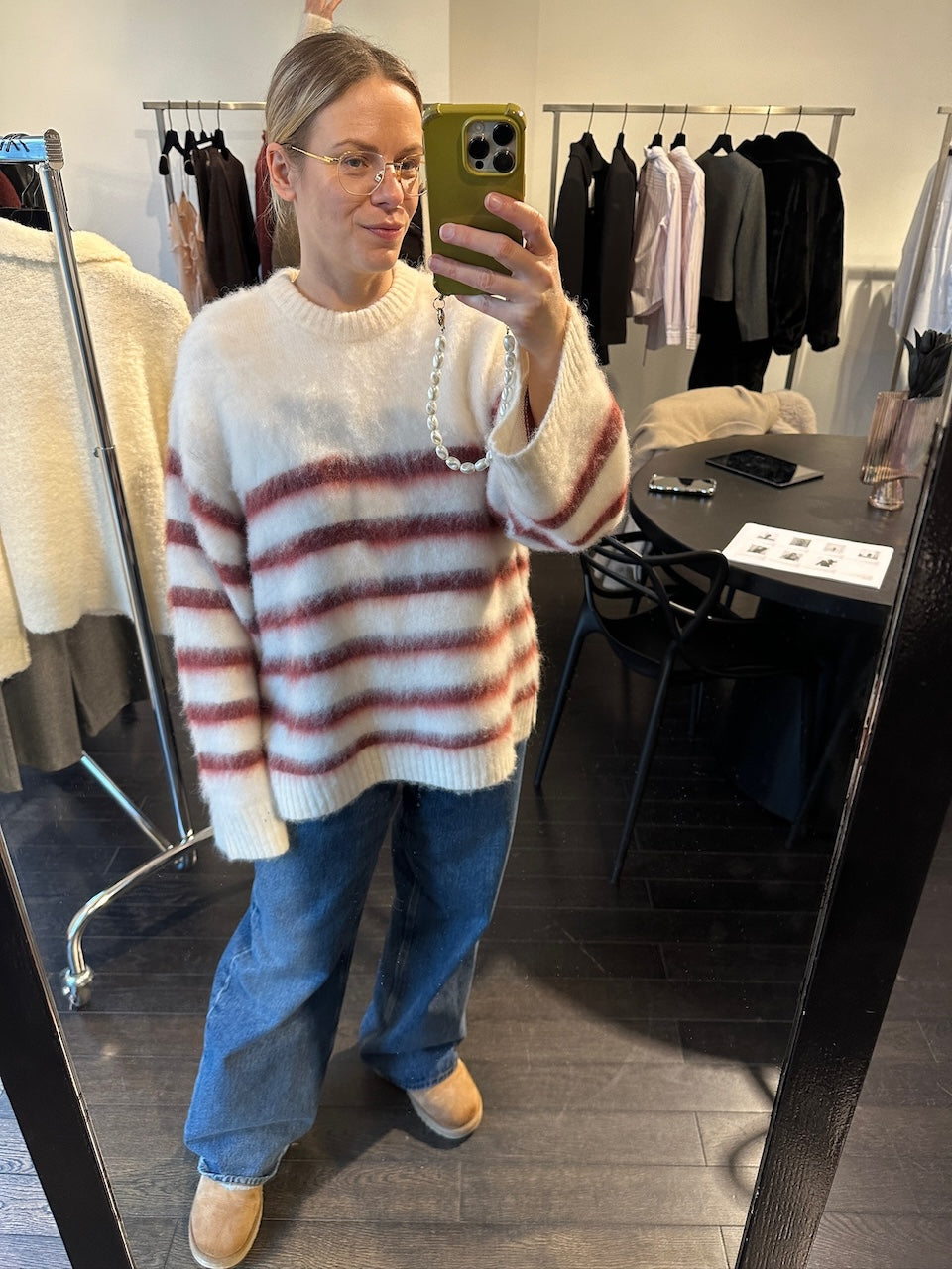 Verona Brushed Stripe Sweater cream/burgundy stripe