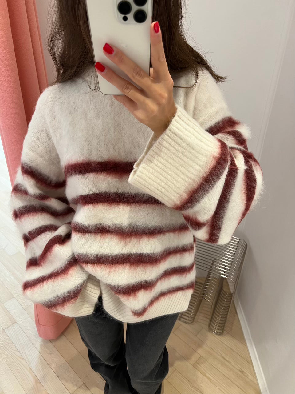 Verona Brushed Stripe Sweater cream/burgundy stripe