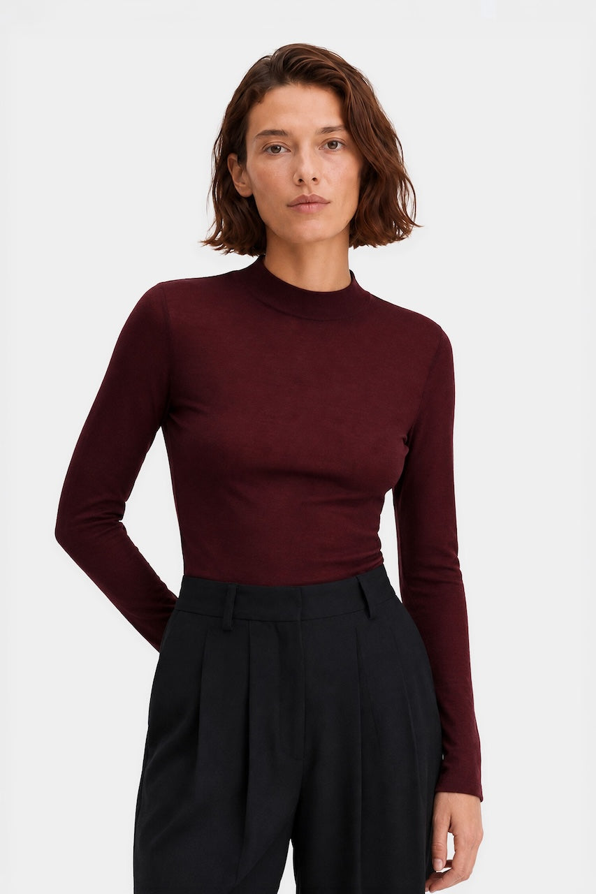 Lyocell Cashmere Mock Neck Top dark burgundy