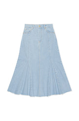 Bleach Denim Peplum Midi Skirt light blue stone