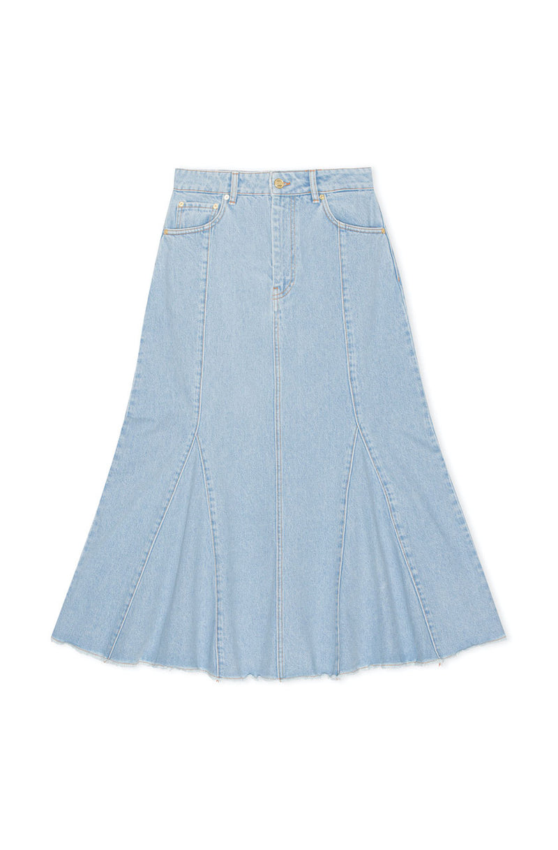 Bleach Denim Peplum Midi Skirt light blue stone