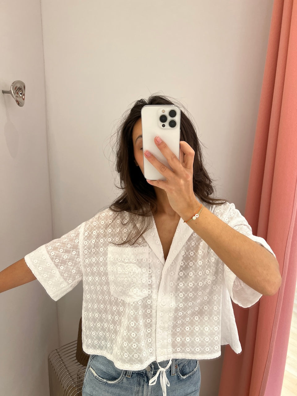 Broderie Anglaise Cropped Bowling Shirt bright white