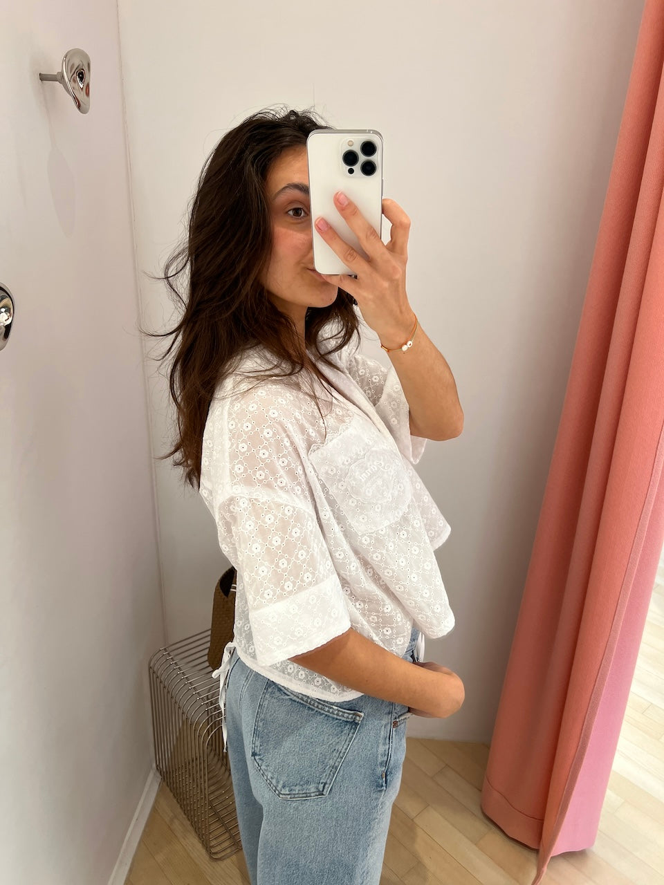 Broderie Anglaise Cropped Bowling Shirt bright white
