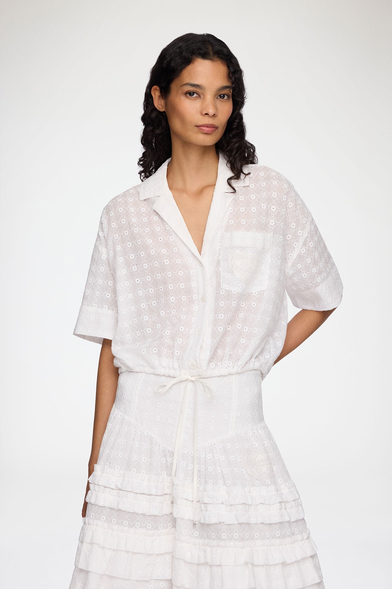 Broderie Anglaise Cropped Bowling Shirt bright white