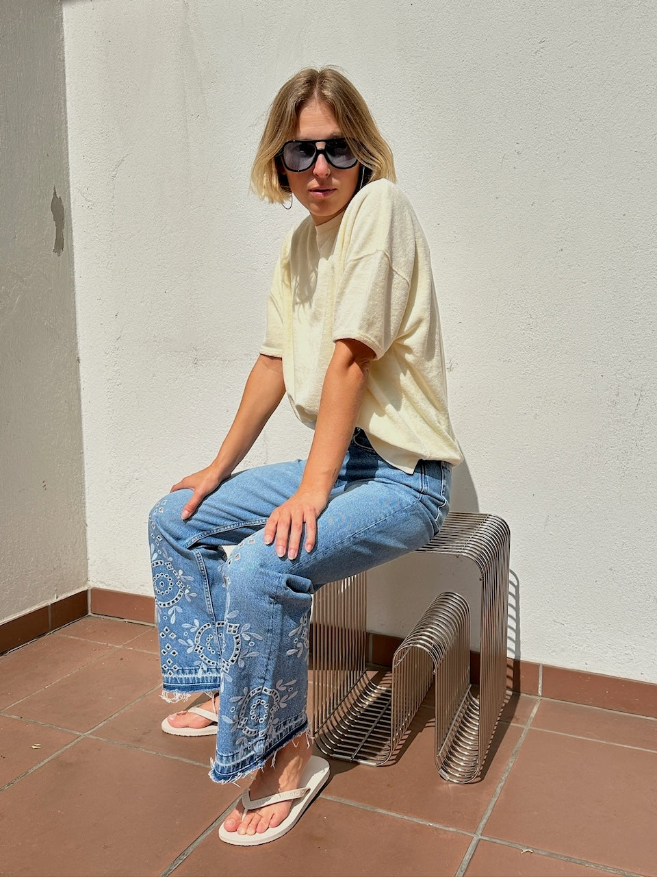 Broderie Anglaise Denim Betzy Cropped Jeans light blue stone