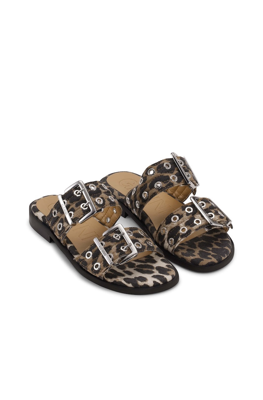 Feminine Buckle Two Strap Sandal Denim Print leopard