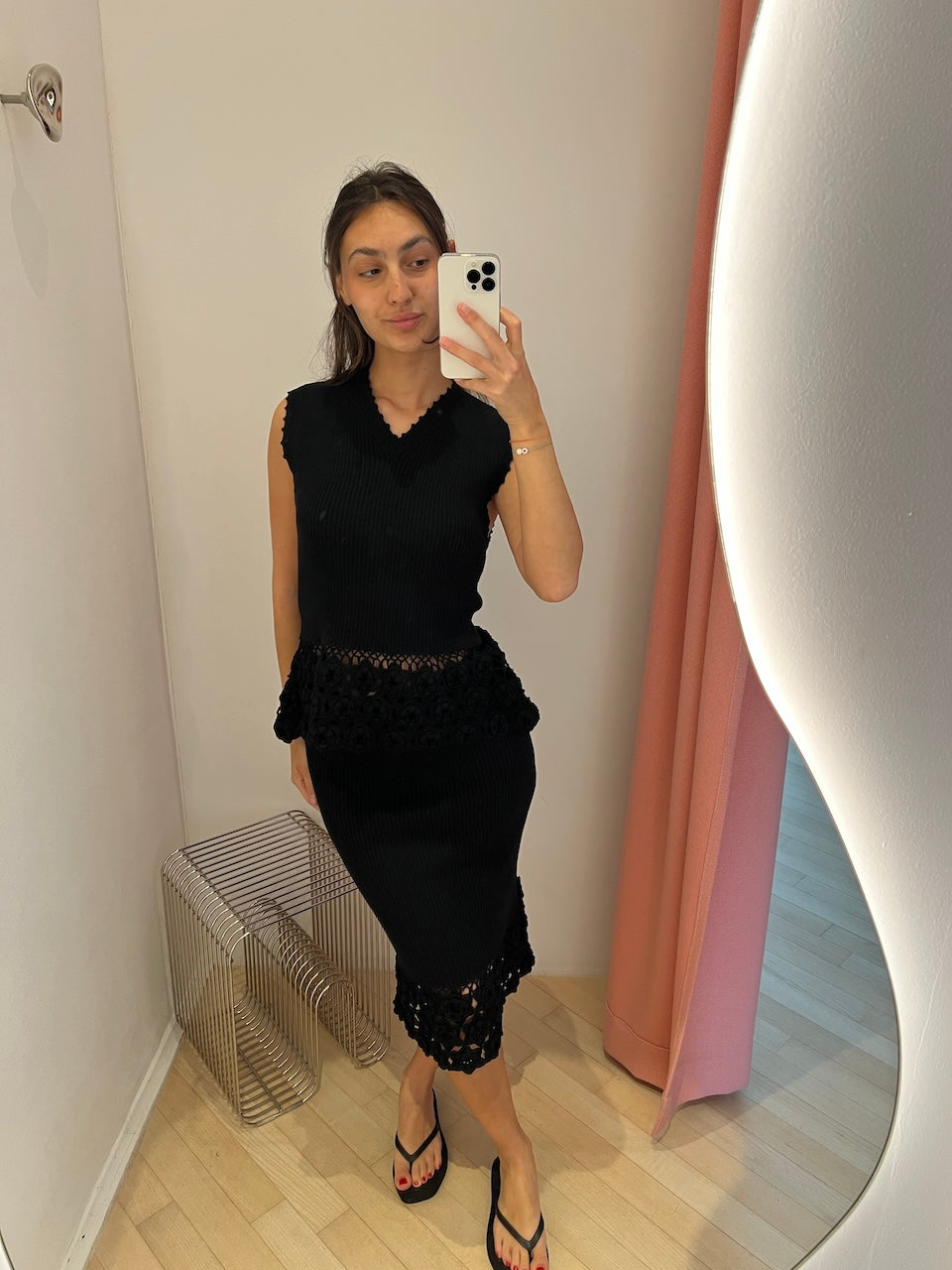 Fine Cotton Rib Crochet Skirt black