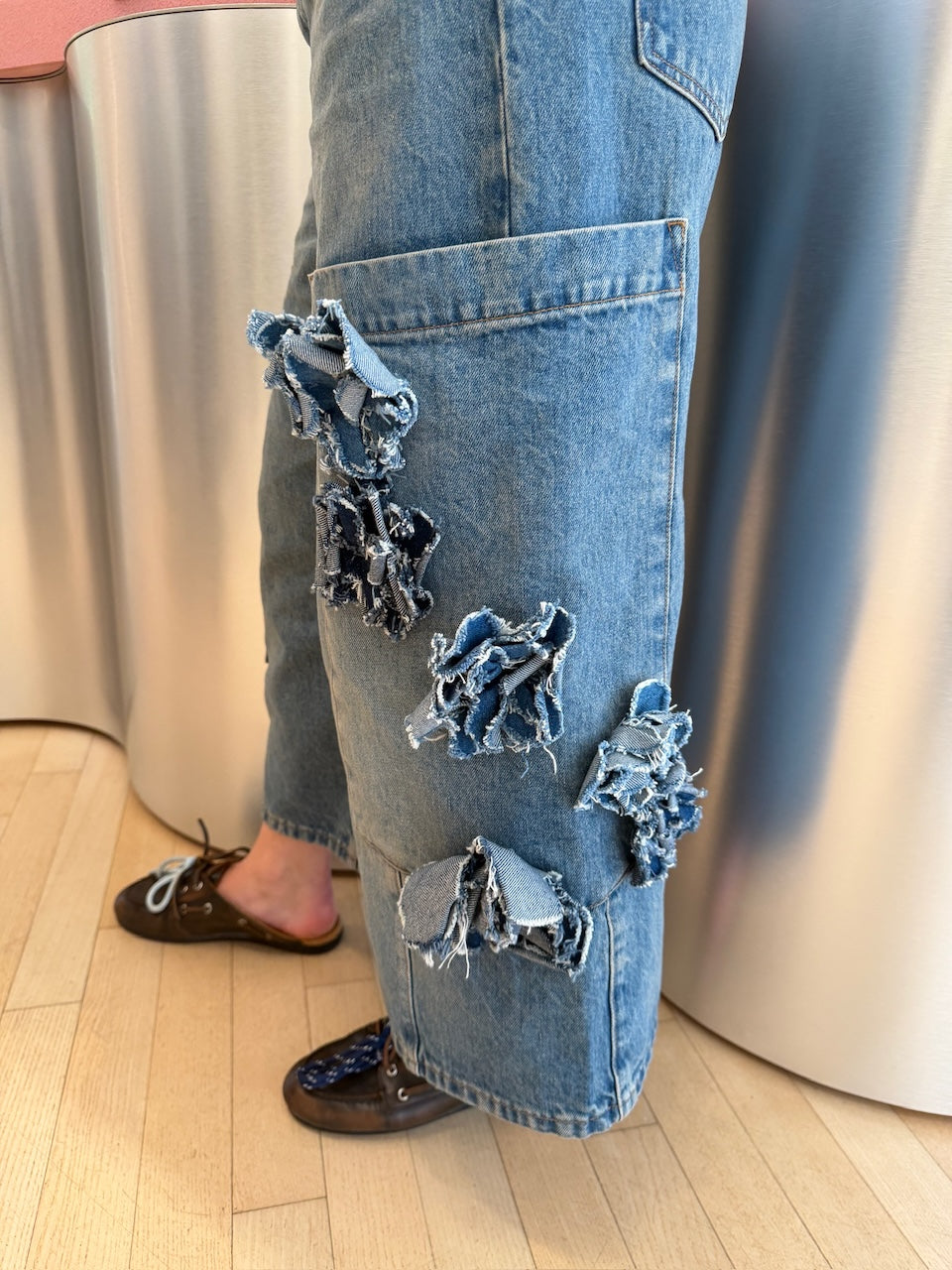 Flower Baggy Cargo Jeans blue stone
