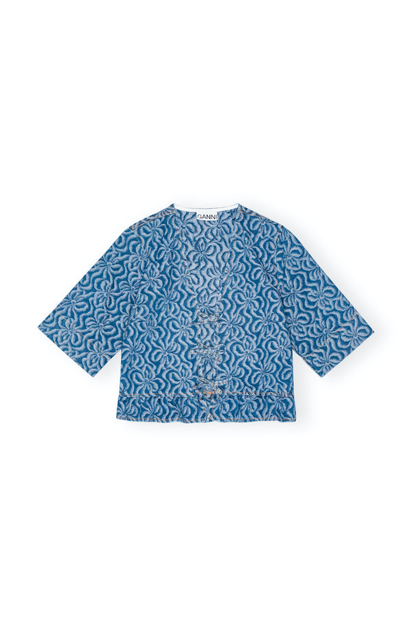 Jacquard Denim Flounce Tie Blouse mid blue stone