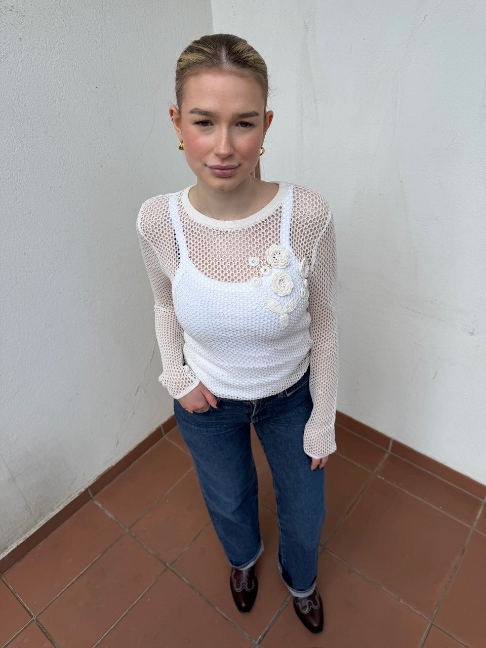 Mercerized Cotton Mesh Pointelle Longsleeve egret