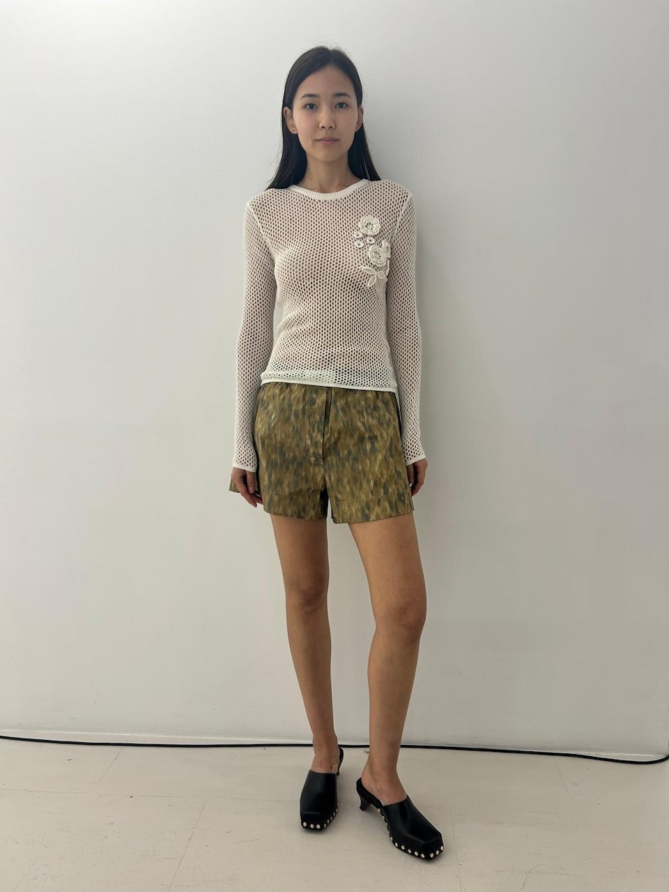 Mercerized Cotton Mesh Pointelle Longsleeve egret