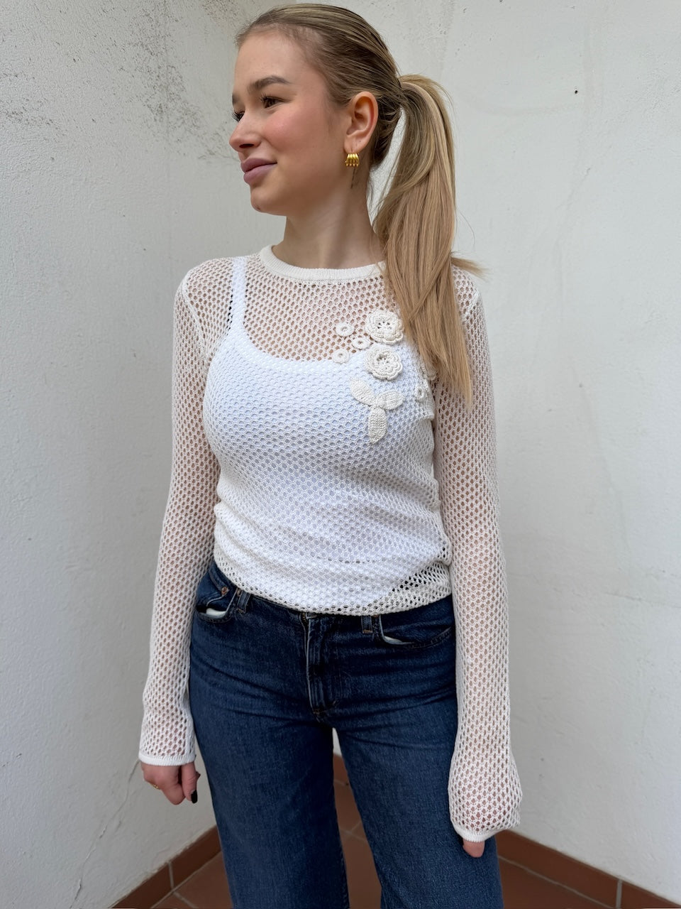 Mercerized Cotton Mesh Pointelle Longsleeve egret