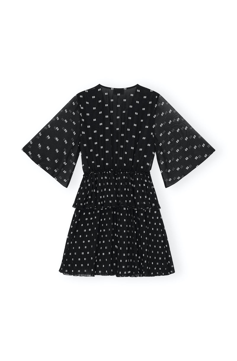 Pleated Georgette V-neck Flounce Mini Dress black
