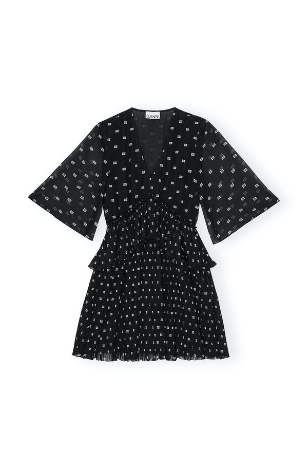 Pleated Georgette V-neck Flounce Mini Dress black